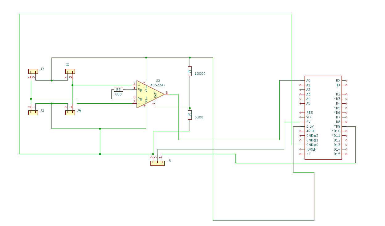 Personal electrical schematic for the strain-gauge bridge, AD623 instrumentation amplifier and microcontroller connections