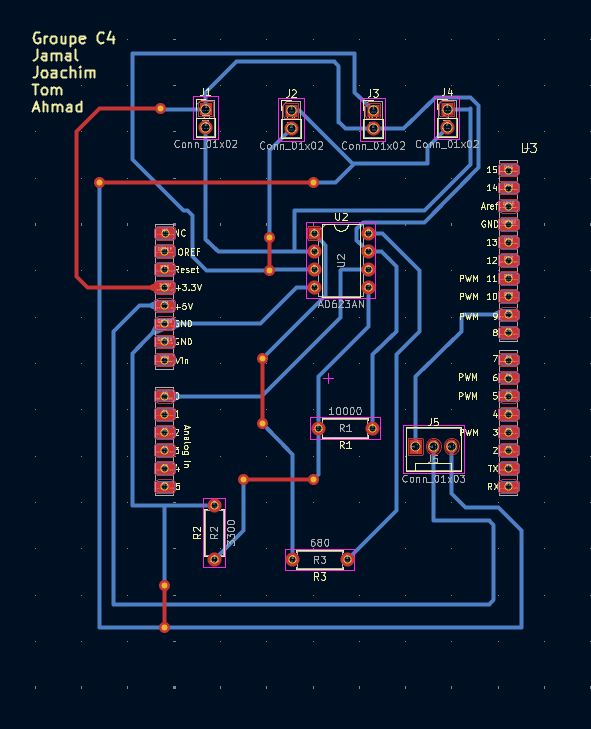 Personal PCB routing work for the strain-gauge signal-conditioning circuit and microcontroller interface